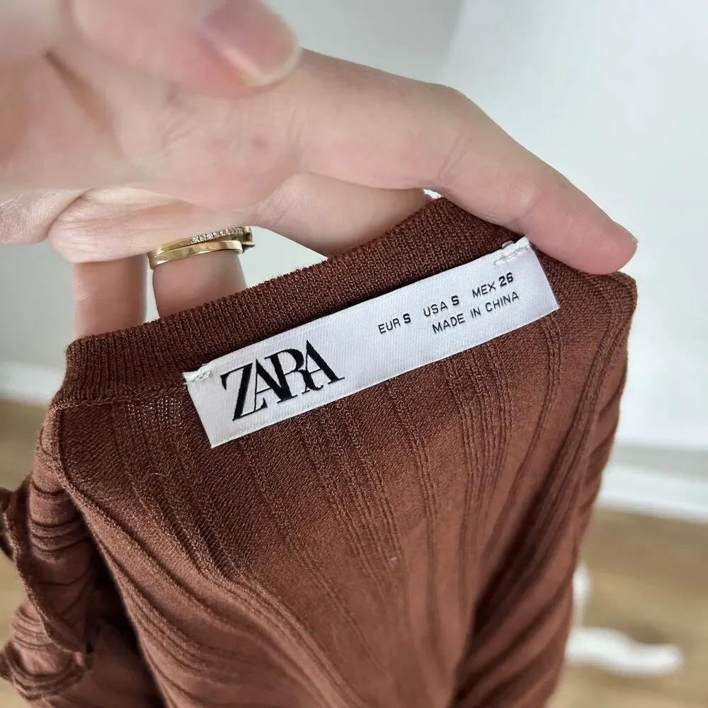 Zara S Brown Pointelle Cardigan Brown Ruffle Tie Front Top Festival Y2K Blogger